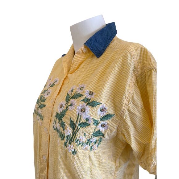 Women’s medium yellow plaid daisy embroidered button up short sleeve shirt 90s s - Picture 2 of 5